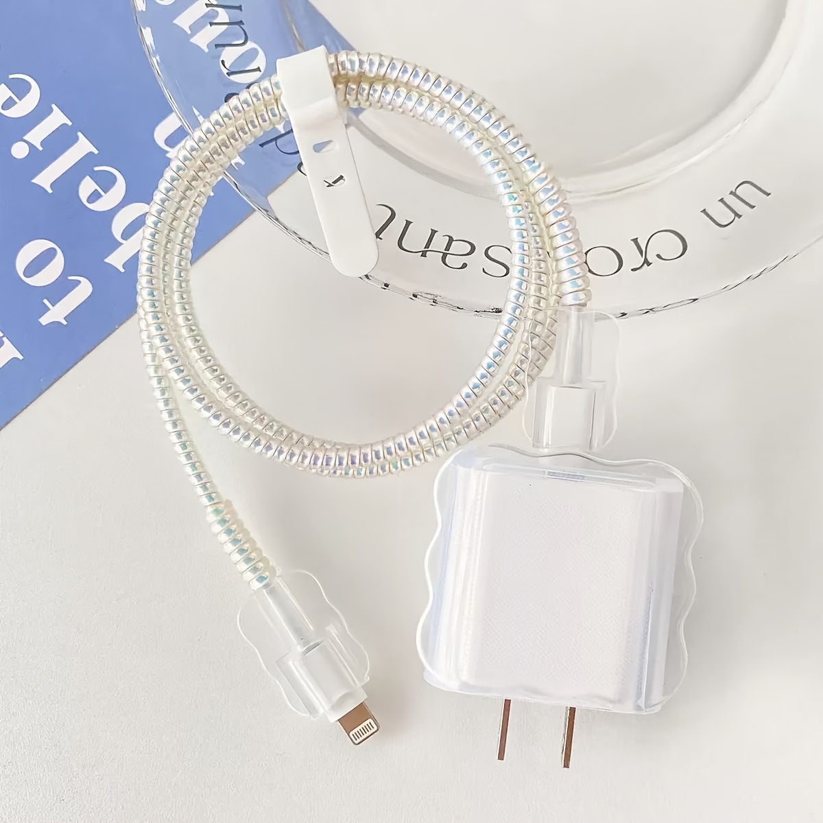 TEMU 5pcs Minimalist Wave Transparent Shell Phone Charger Protection Set, Charging Cable Protection Rope, Charging Head Protective Cover, Compatible