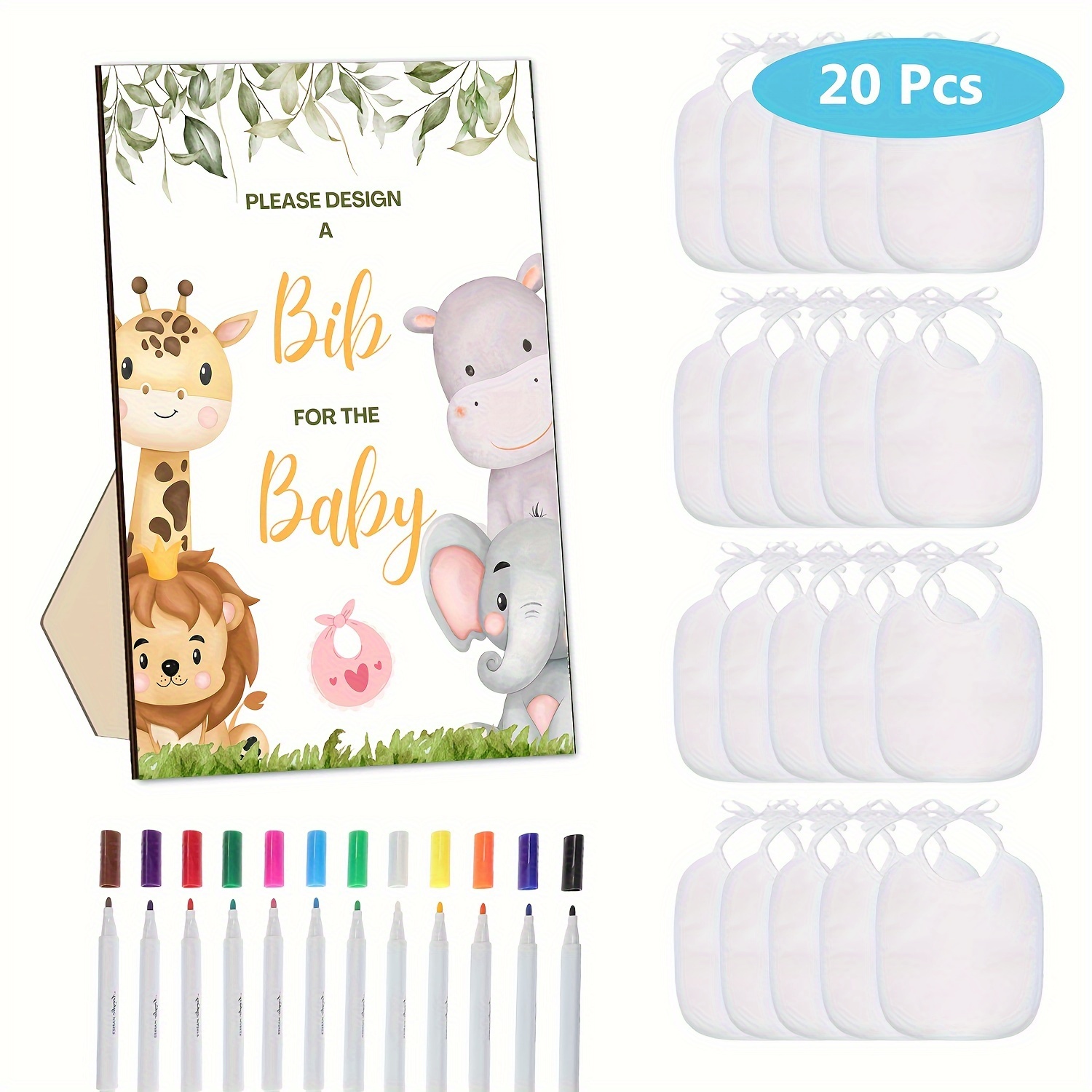 Image of Gift For Her/him Set Of 20 Bib Designs, Featuring 1 Wooden Sign For A Shower Game, 20 Plain White Bibs, And 12 Markers