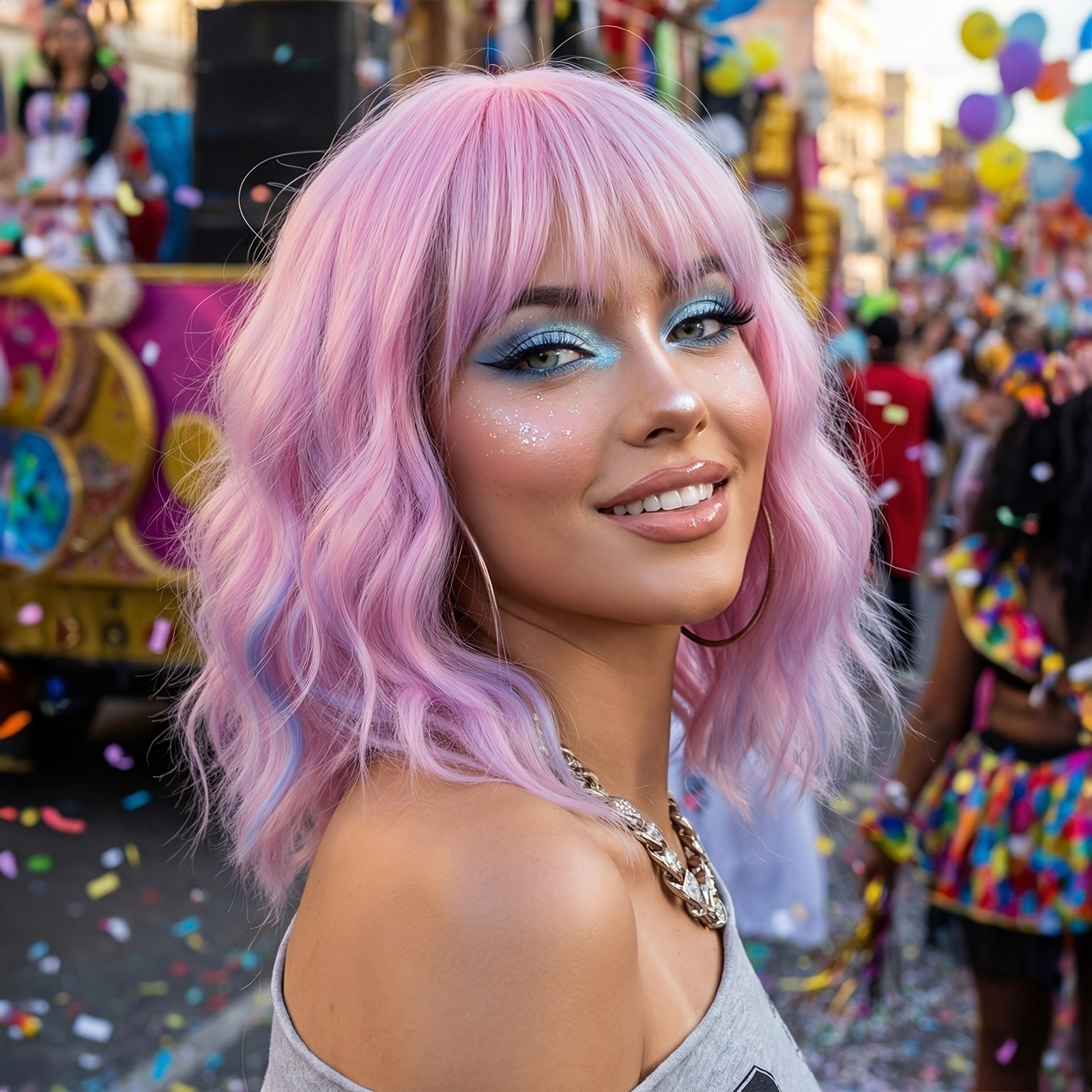 Image of 14" Women's & Blue Highlighted Short Curly Wig With Bangs | Matte High-temperature Synthetic Fiber, Heat Resistant, Perfect For Carnival & Festivals, Parties, Kpop, Women's Y2k Pink Festival Wig!