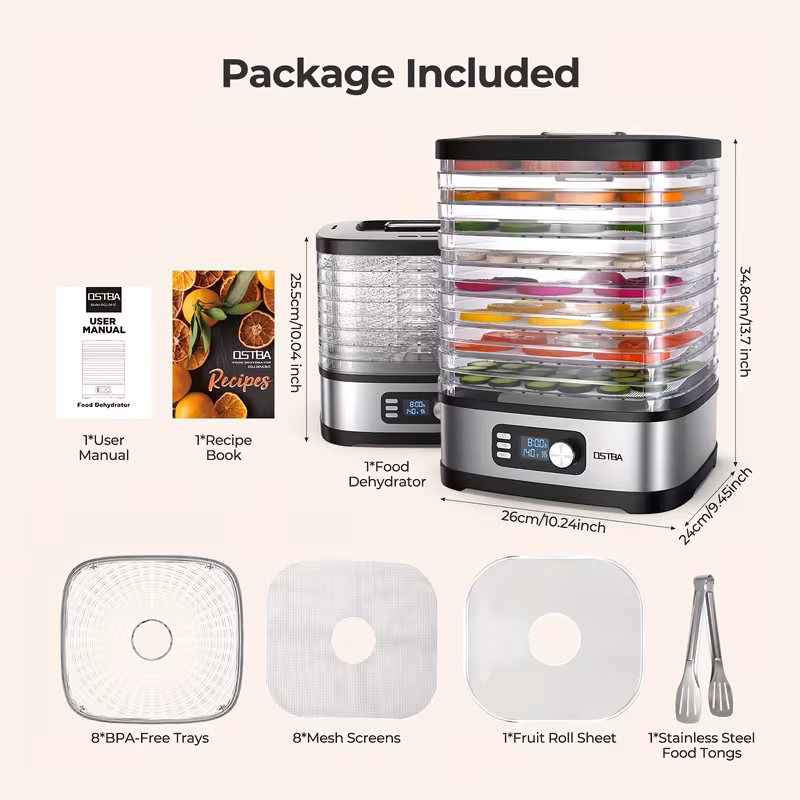Electric Food Dehydrator - 5 Tray, Adjustable Temperature, 72-Hour Timer, LED Display, 240W, Includes Recipe Book