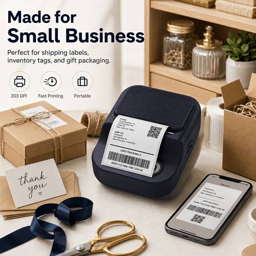 bluetooth label maker machine portable inkless thermal sticker printer with 1 roll label tape 203 dpi usb c rechargeable app controlled barcode price tag printer for ios small business home office storage holiday gifts
