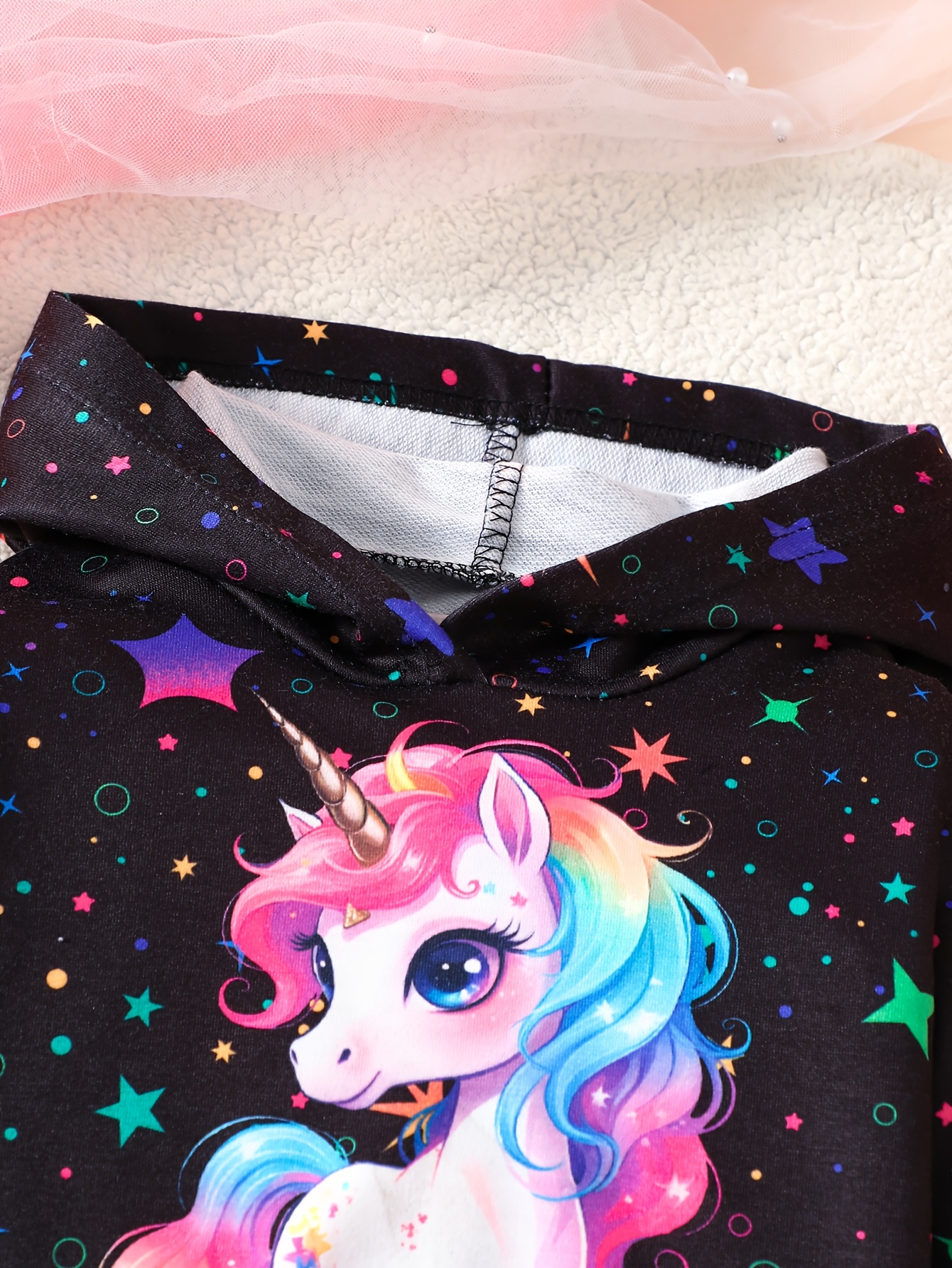 Set Girls' *-the-Dark Unicorn Print Long Sleeve Hoodie and Pants Knit  Fabric, Polyester 95% Spandex 5%, Regular Fit, Cartoon Pa