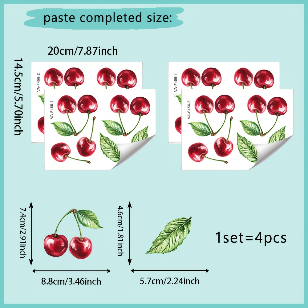 1 Set (4pcs), Wall Stickers, Cherry, Removable Pvc Stickers, Suitable For Wall, Door, Cabinet, Window Glass Decoration Decals, 5.7in*7.8in*4pcs