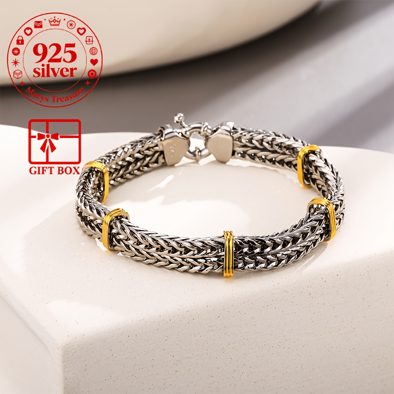 Image of 925 Silver Men' Wheat Chain Bracelet Retro Woven Light Luxury Texture Birthday Valentine's Day Father's Day Gift Box Set