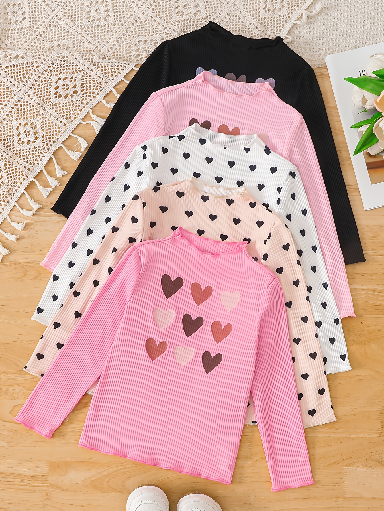 5pcs Girls' Heart Pattern Long-Sleeve Tops Set, Spring/Autumn