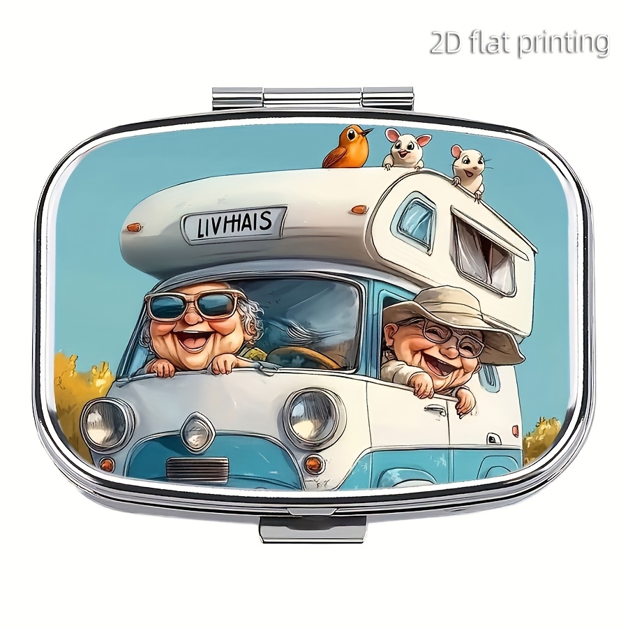 1pc Happy Rv Pill Case, 2-compartment Portable Square Mini Medicine Box, Metal, Travel-friendly Pocket Organizer, Medication And Jewelry Storage, Unique Gift For Travel