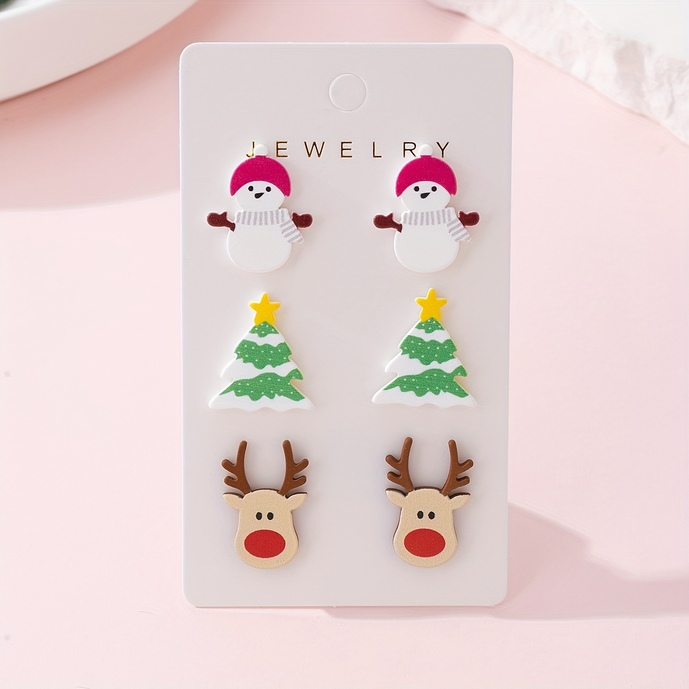 TEMU A Set Of 3 Pairs Of Adorable Christmas-themed Earrings Featuring Reindeer, Christmas Trees, And Snowmen, Designed With A Glossy Ceramic Texture,