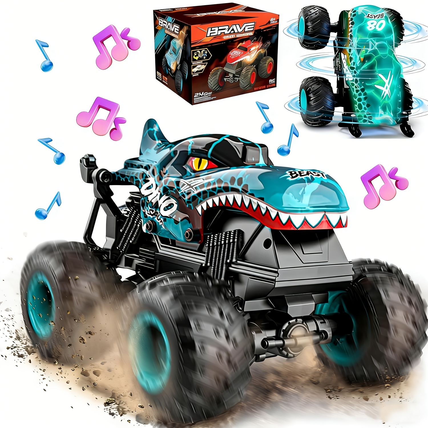 TEMU Camion Jouet - Camion avec Lumières et Musique, Jouet pour Enfants sur le Thème des Dinosaures, Camion à l'Échelle 1:20, Peut Pivoter et à 360°,