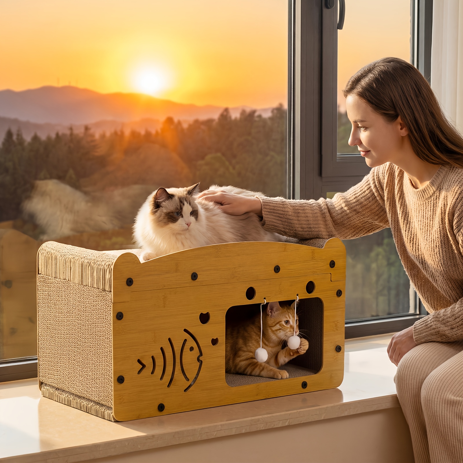 Bubble Scratching Board, Natural Wood Single-layer Cat Bed, Integrated Scratching