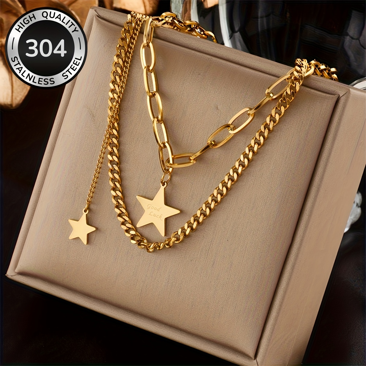 TEMU Double Layered Star Pendant Golden Collarbone Chain 304 Stainless Steel Anti Tarnish Double Chain Layered And Strong Minimalist Sweet And