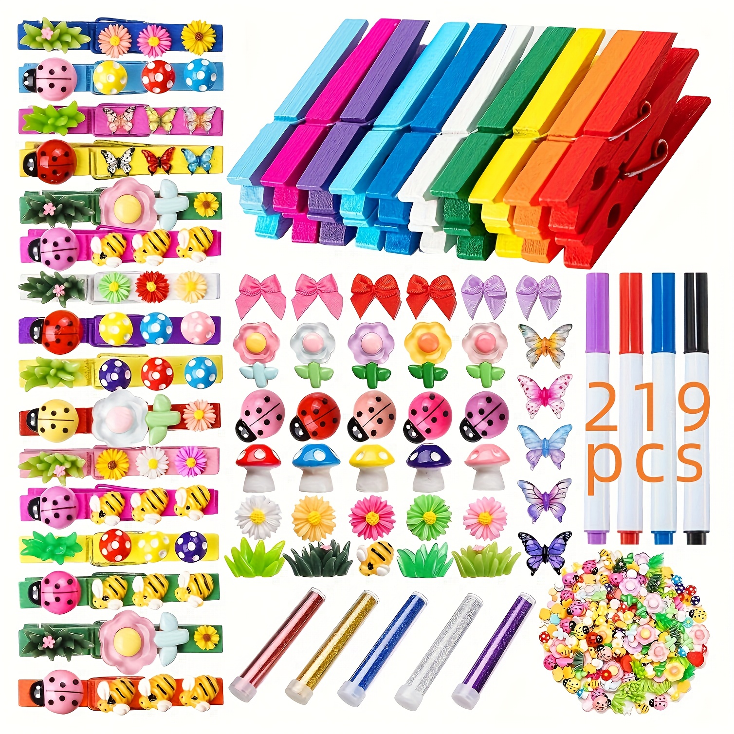 Image of 219pcs Cheer Pins Spirit Clips 60 Wooden Colored Clothes Pins 90 Mini Resin Animals And Self Adhesive Stickers Pen For Cheerleading Backpacks Cheer Gifts Bulk, Clothes Pins