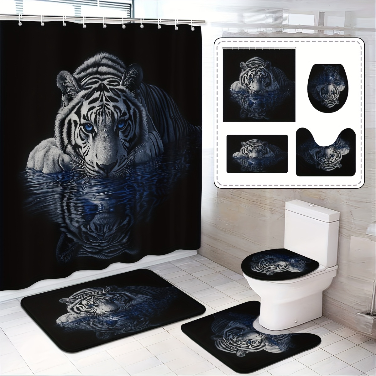 

Easter Shower Curtain, Tiger, , Easter Present, Easter Decoration Bathroom Set -machine Washable, Shower Curtain Set With 12 Hooks, Includes Toilet Cover Mat & Bath Mat (1pc/3pcs/4pcs Options)