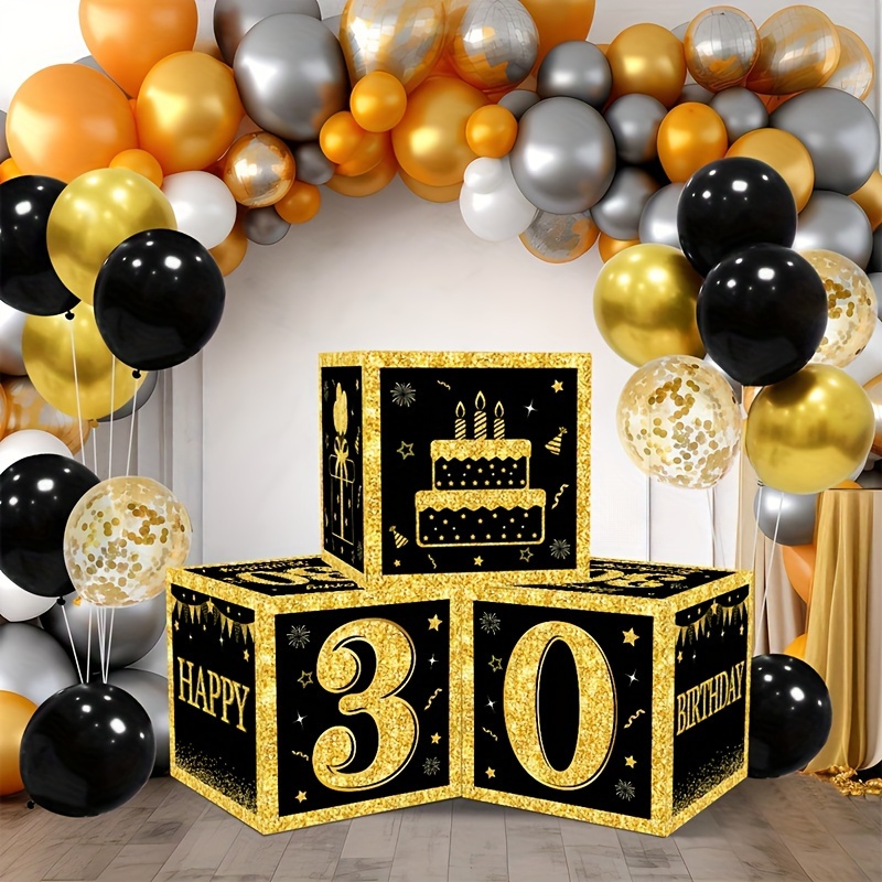 

3-piece Black & Metallic Birthday Celebration Decor Set - Includes Balloon Boxes, Arch Kit & Photo Backdrop For 18th, 30th, 40th, 50th, 60th Events