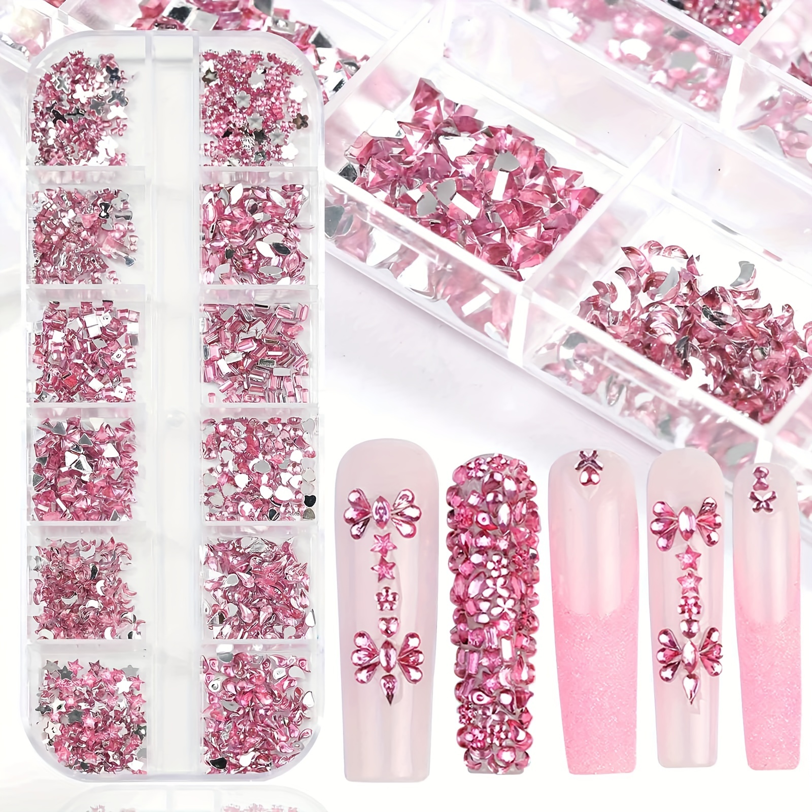 

12-pack Pink Rhinestone Nail Art Decorations, 3d Acrylic Stickers & Sequins, Flat Back Nail Accessories For Diy Manicure Design