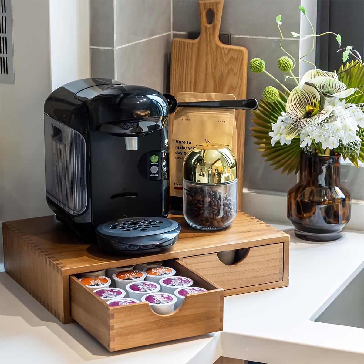 

1pc Laoyeboubi Wooden Coffee Pod Storage Box With Dual Drawers - Capsule Organizer For Home, Office, Cafe - Coffee Pods And