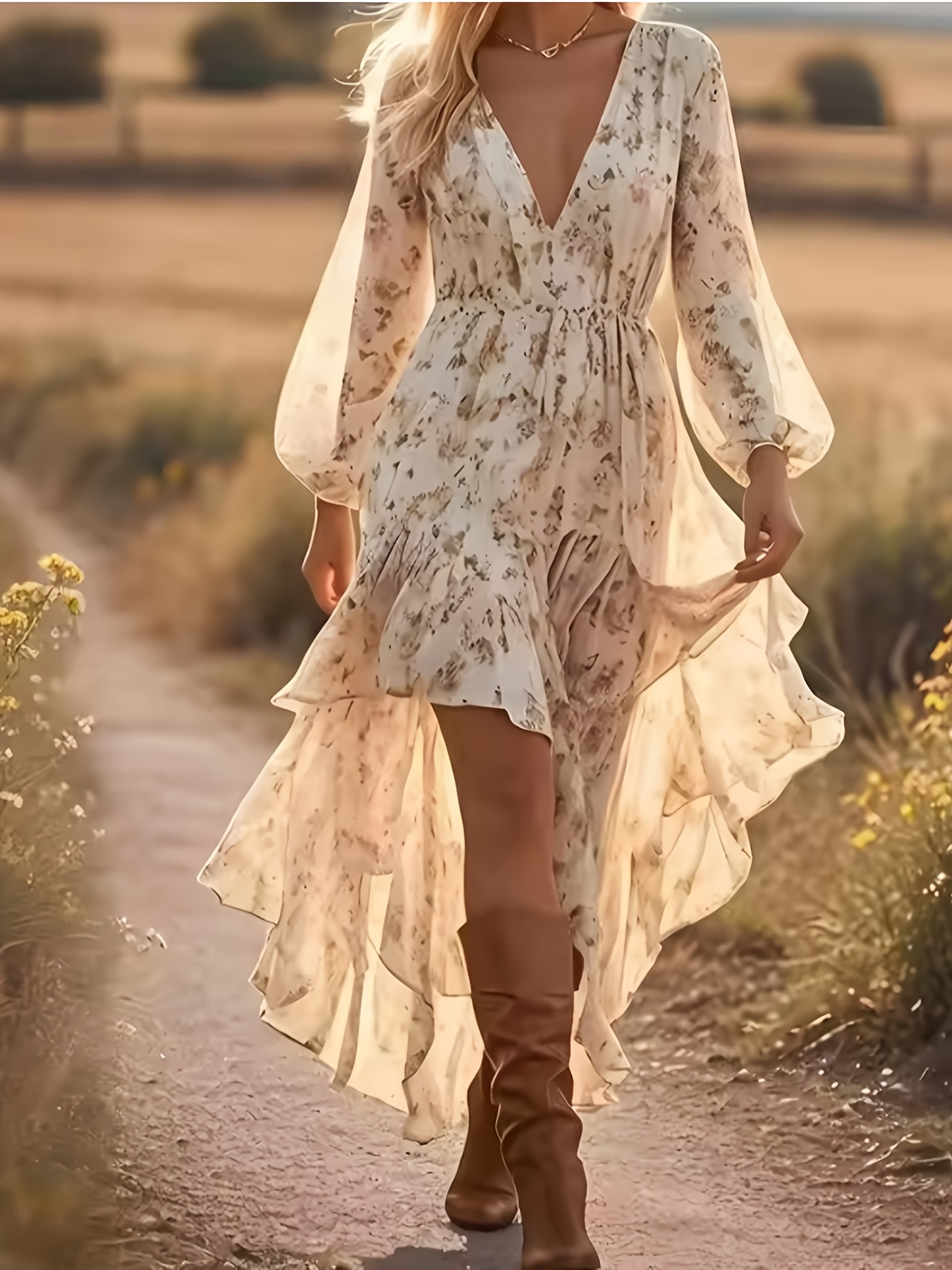 fancy fall dresses Fkelyi Autumn Maple Leaf Print Fall Maxi Dress for Women Long Sleeve V Neck Wedding Guest Dresses Flowy A-Line Elegant Dress with Pockets for SSpring,