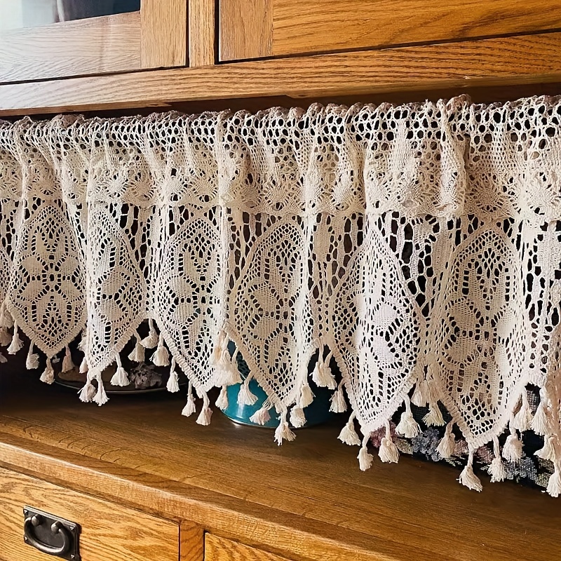 

Handcrafted Linen Valance With Crochet Lace & Tassels - Rod Pocket Cafe For Kitchen, Living Room, Bedroom - Lightweight Decor