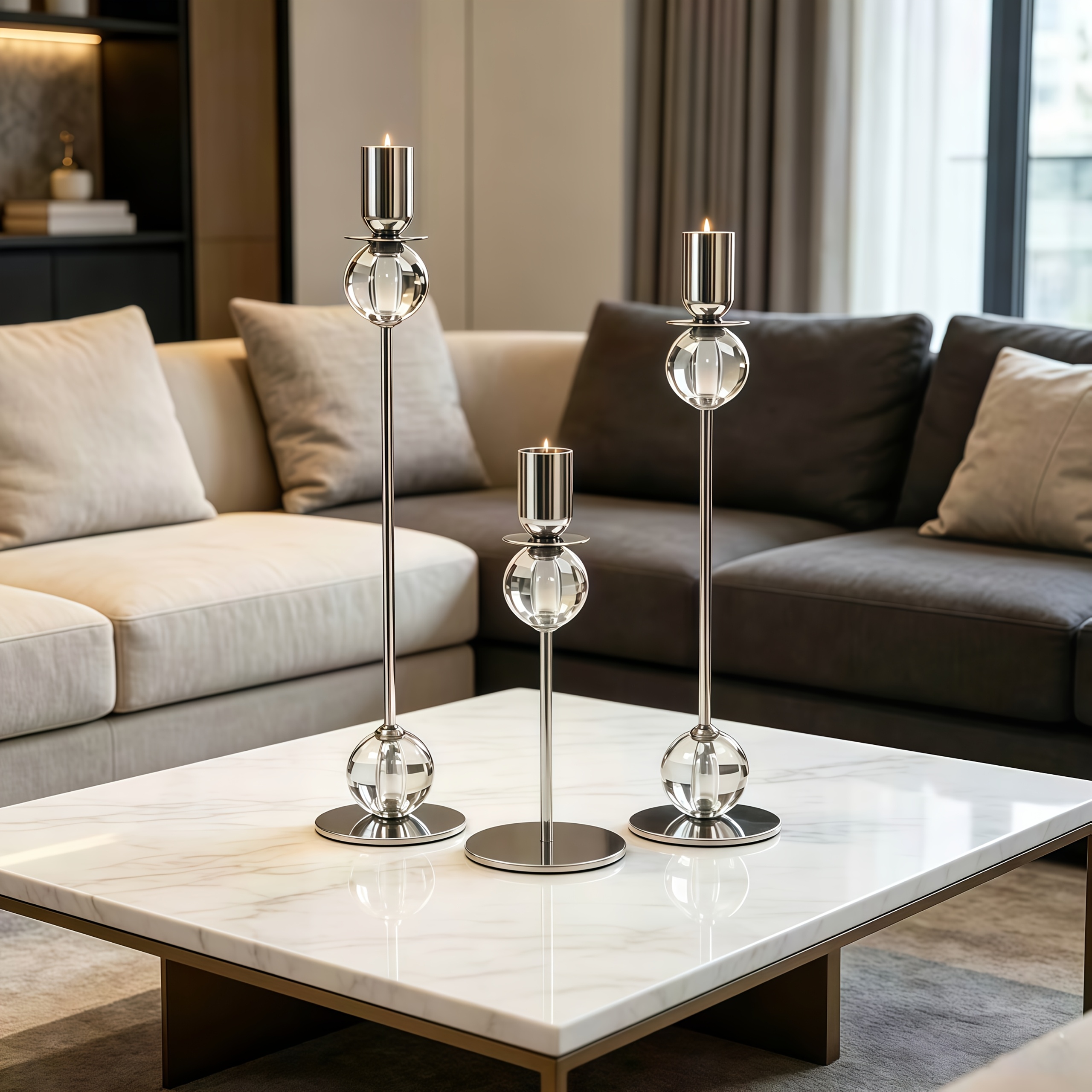 3pcs Crystal Taper Candle Holder - Silvery Metal Candlestick with Glass Ball, Modern Tall And Short Candle Holders for Wedding, Dining Room, Living Room, Home Decor, Wedding Table Centerpieces, Dining Table, Family Party Decorations