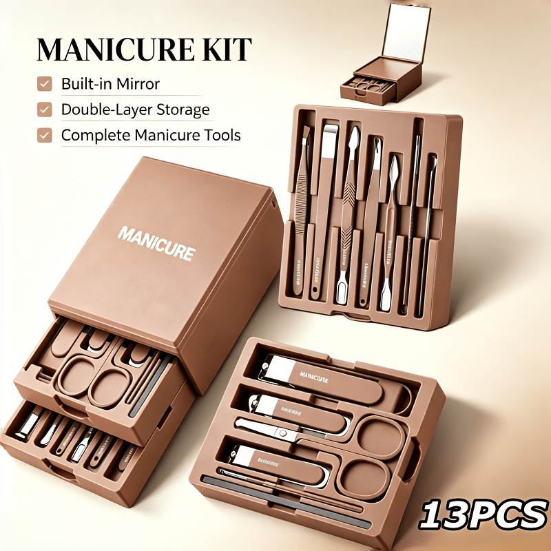 13pcs Upgraded Nail Care Set with Mirror & Double-Layer Storage Box