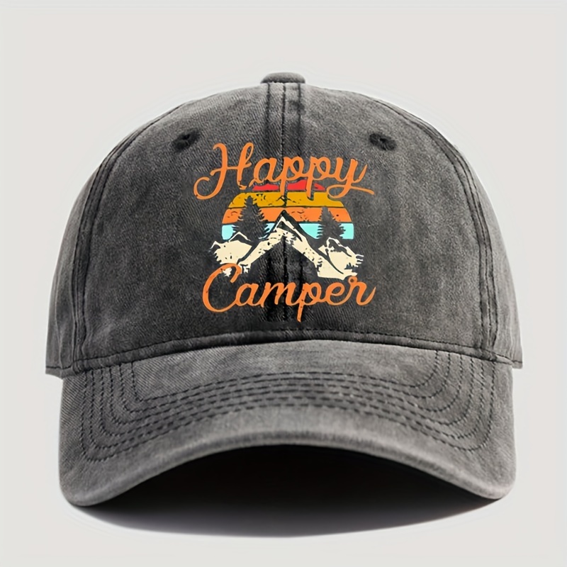 

Vintage Washed "happy Camper" Mountain Forest Print Baseball Cap, Unisex Outdoor Sun Protection Hat For Spring, Retro Y2k Style Travel Cap
