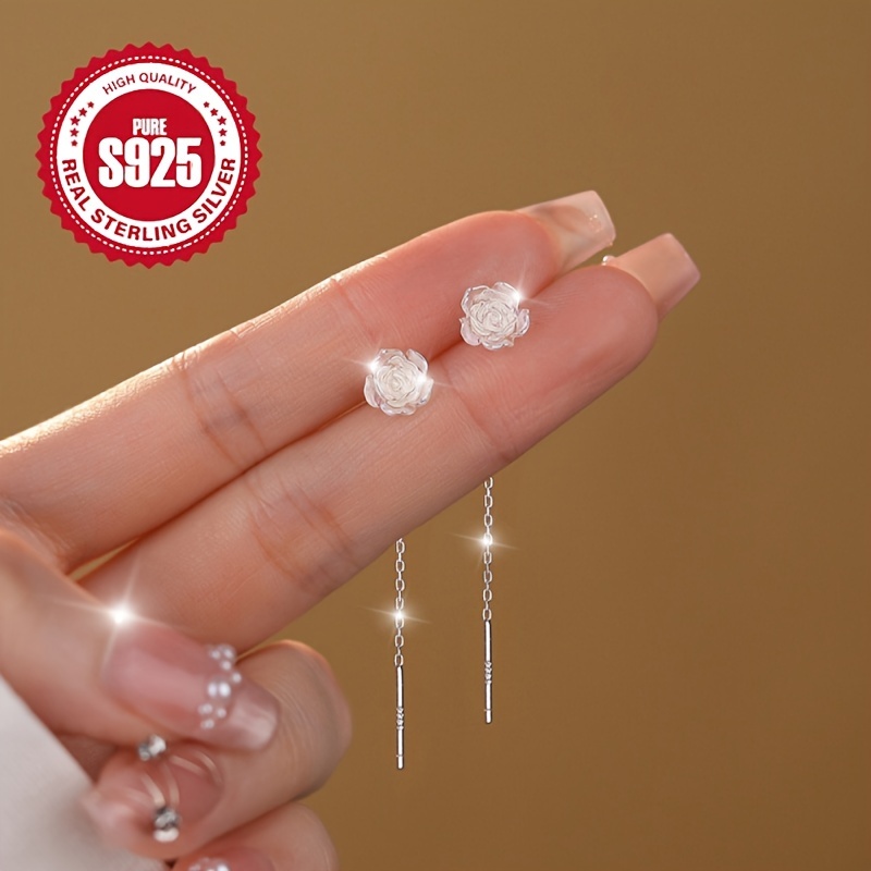 Image of S925 Silver Women's High-end Elegant Sweet Iridescent White Rose Tassel Ear Wires, Hypoallergenic, , Versatile For Daily Wear