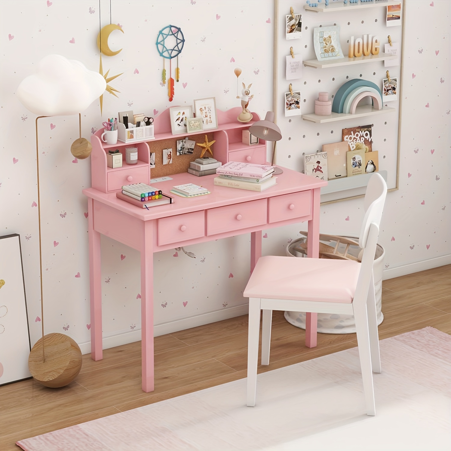 Modern 40-Inch Pink Writing Desk Featuring a Hutch And Five Drawers, Ideal for a for home Office Or As a Compact Vanity in The Bedroom