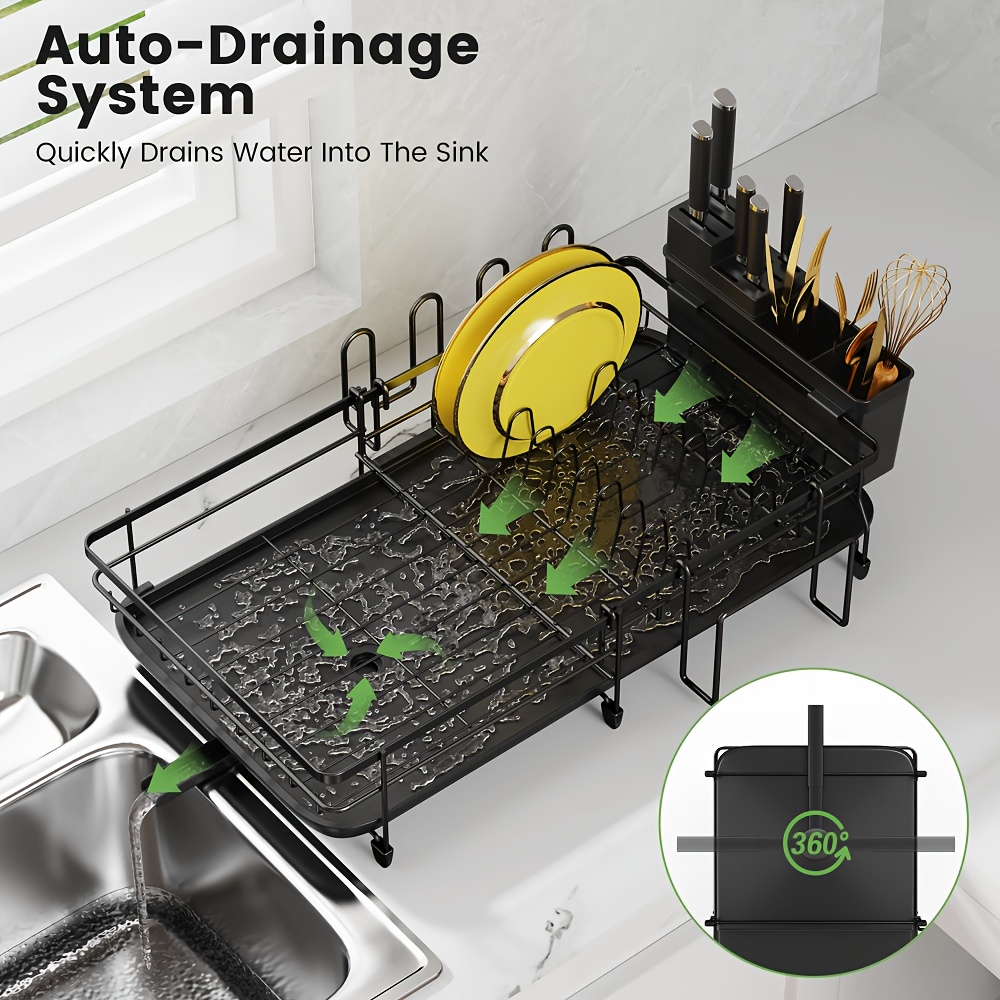 Carbon Steel Dish Rack Plate Cup Drying Drainer Storage Drip Tray Cutlery Holder Home Black