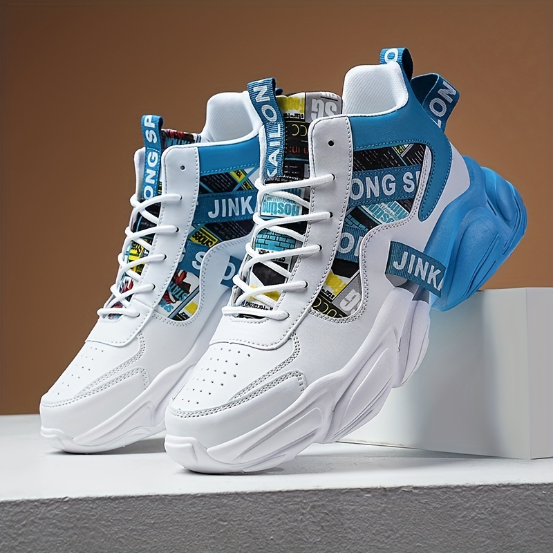 Zapatillas casuales de caña alta para hombre con patrón aleatorio, ajuste universal, cierre de cordones, uso para todas las estaciones, punta redonda, suela de PVC, plantilla de tela y parte superior de imitación.