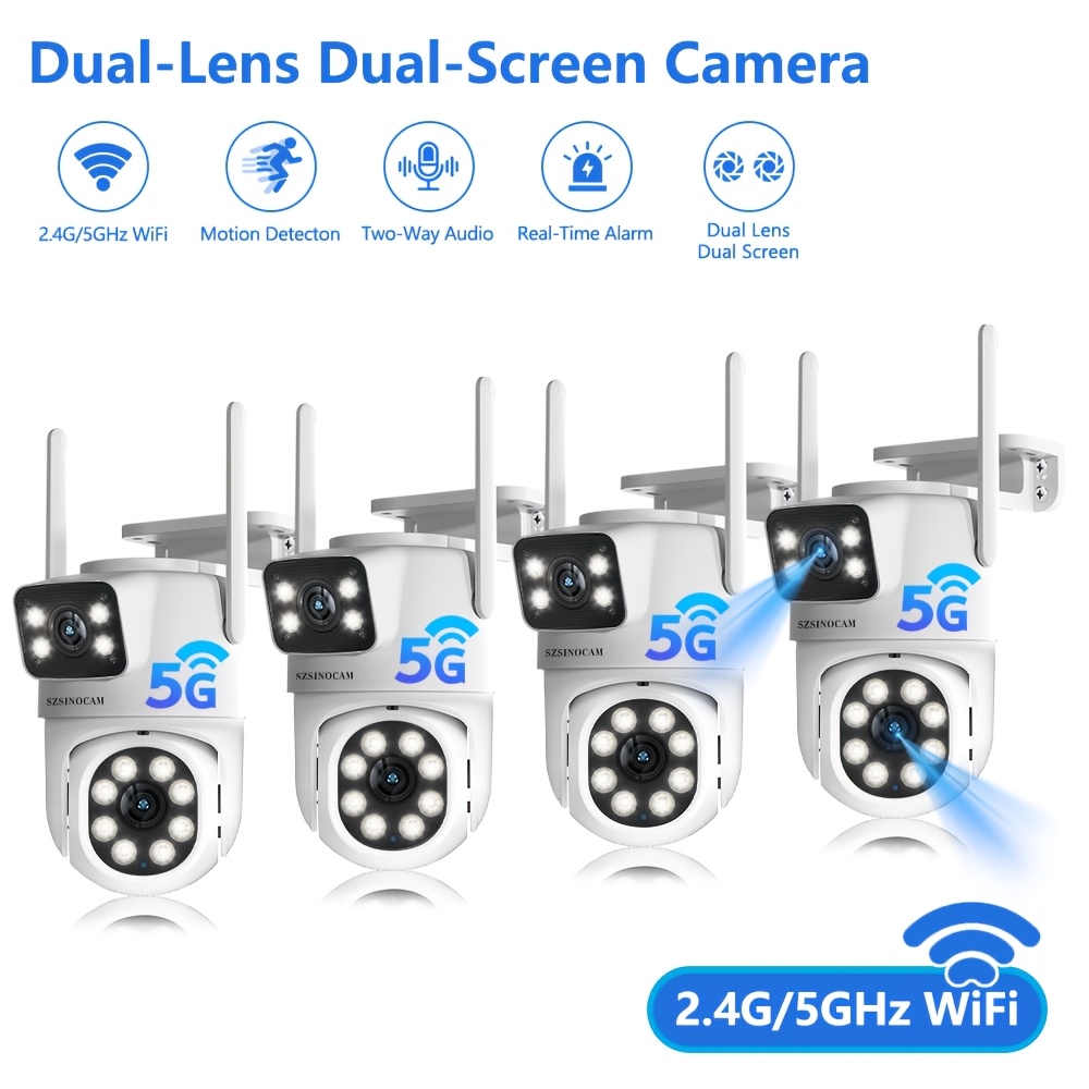 Image of 4pcs Szsinocam Dual Lens Security Camera With Ptz 355° View, Ai Human Detection, Color Night Vision, 2.4/5g Wifi, Auto Tracking, Mobile App, 1080p Hd Resolution