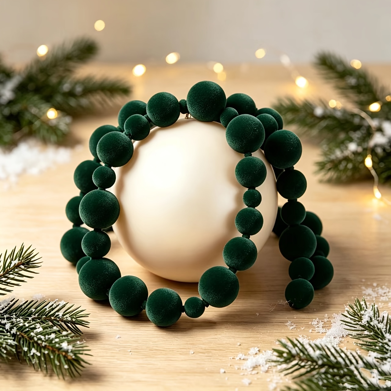 TEMU Flocked Christmas Ball Garland, Gradient Sized Flocked Ball Chain, Holiday Party Window Display Christmas Tree Ornament Hanging Decoration