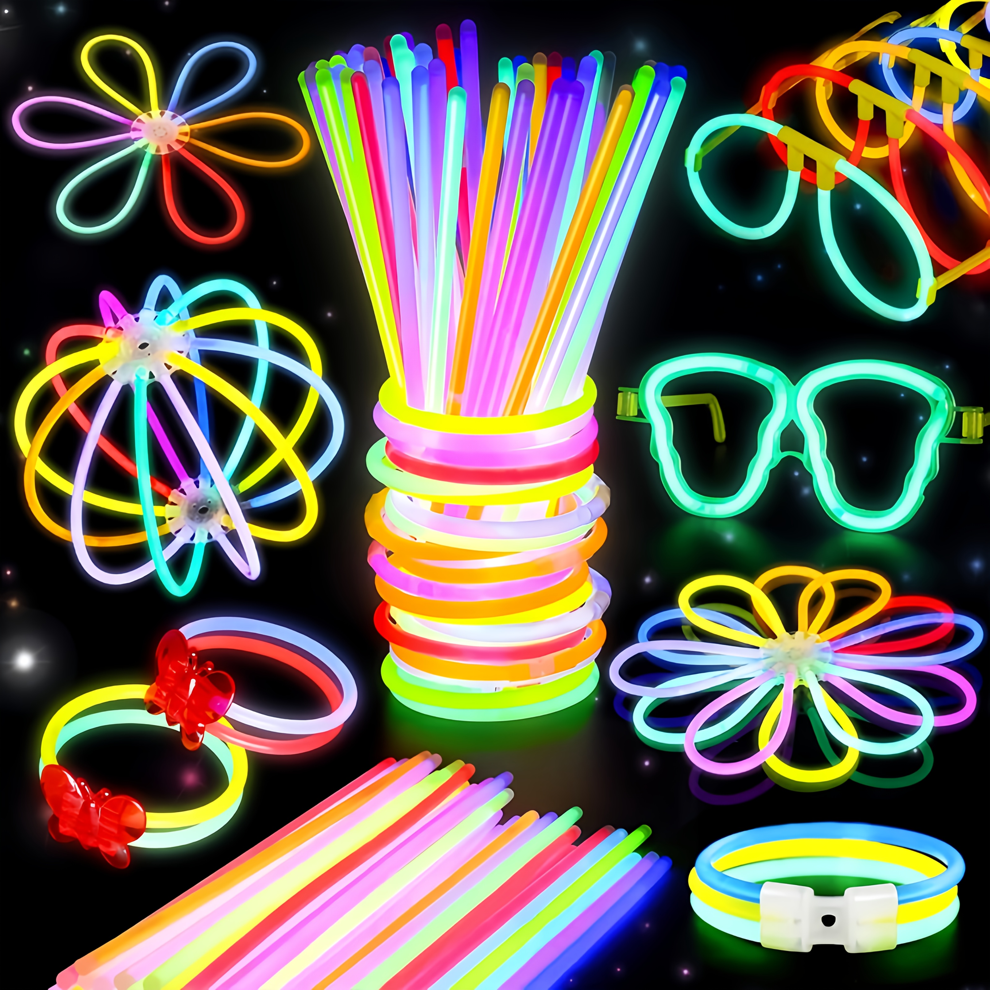 115 stick party supplies kit with neon glow in the dark glasses necklaces bracelets hour 8 vibrant colors purple red yellow white plastic polyethylene for halloween birthdays concerts no batteries electricity required Product details 0