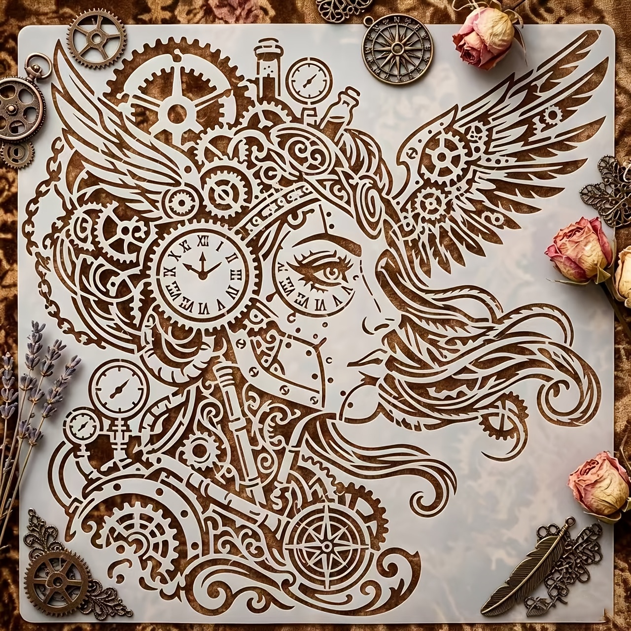TEMU 1pc Modèle d'horloge déesse ailée Steampunk avec engrenages ajourés - Plastique coloré réutilisable adapté à la peinture, la décoration murale,