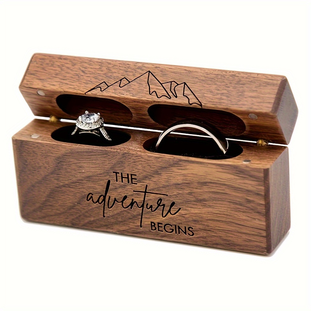

Engraved Wooden Double Ring Box - Adventure Begins Design, Slim Ring Case For Wedding Ceremony, Engagement, Proposal, Ring Bearer Dress Box - Anniversary, Birthday Gift Ideas - No Electricity Needed