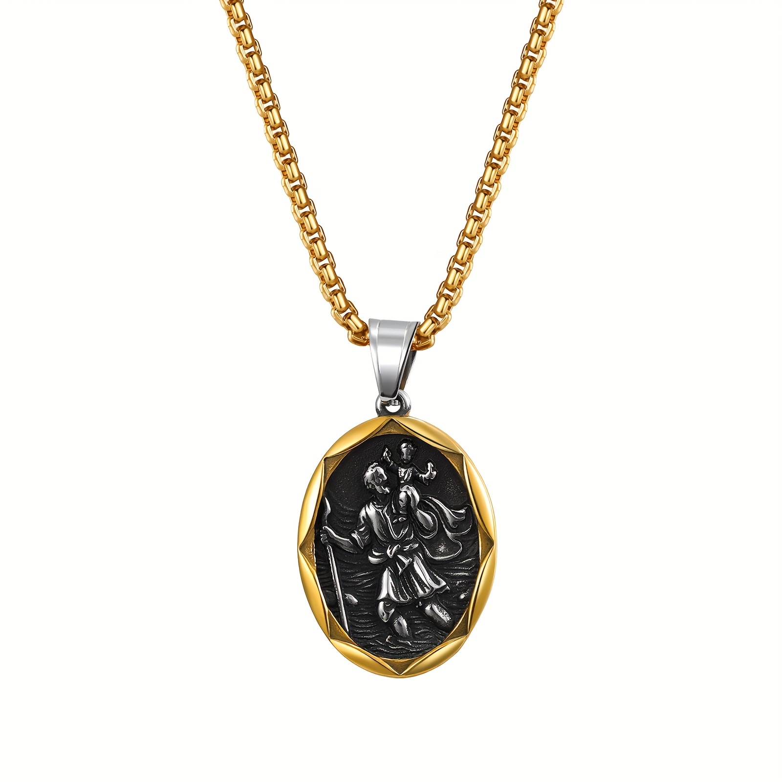 Image of Saint Christopher Medal Necklace For - Golden-tone Religious Pendant With Saint Christopher Icon (front/back) - Unisex Gift For Christmas, Birthdays, Charm - Wearable Faith