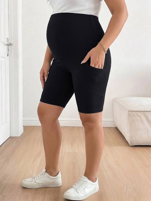 1pc shorts de yoga de cintura para mujer gravida de talla , para verano, pantalones deportivos para mujer con bolsillo lateral, shorts ajustados de fitness con control de abdomen y levantamiento de glúteos