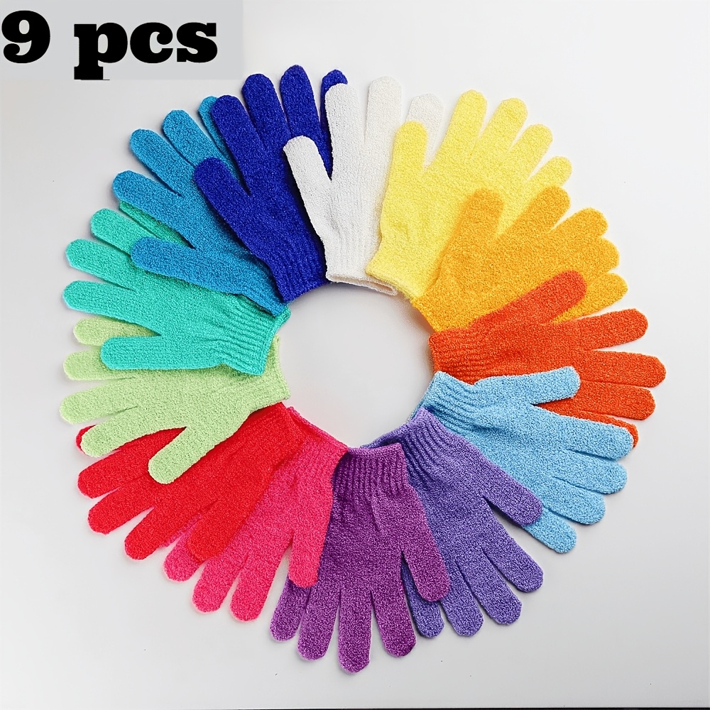 Image of 9pcs Colored Bath Scrub Gloves, New Exfoliating Bath Mitts, Five-finger Design, Gently Cleanses The Body, Ideal For Bathing And Spa, Bath Scrub Gloves, Multiple Color Combinations, Colors