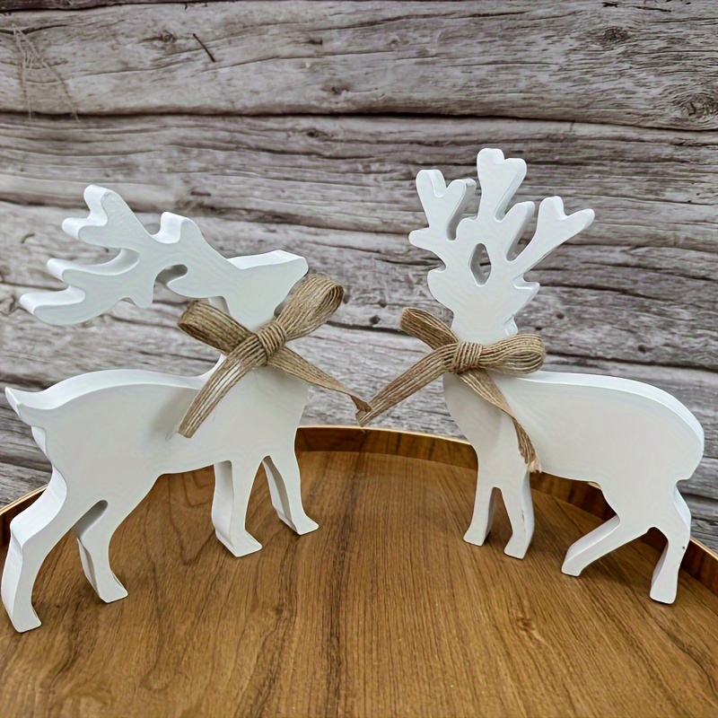 Image of Festive Reindeer Statues Set Of 2, Rustic Wooden , Tabletop Holiday Display, Decorative Accent, Animal-themed, No Battery Required