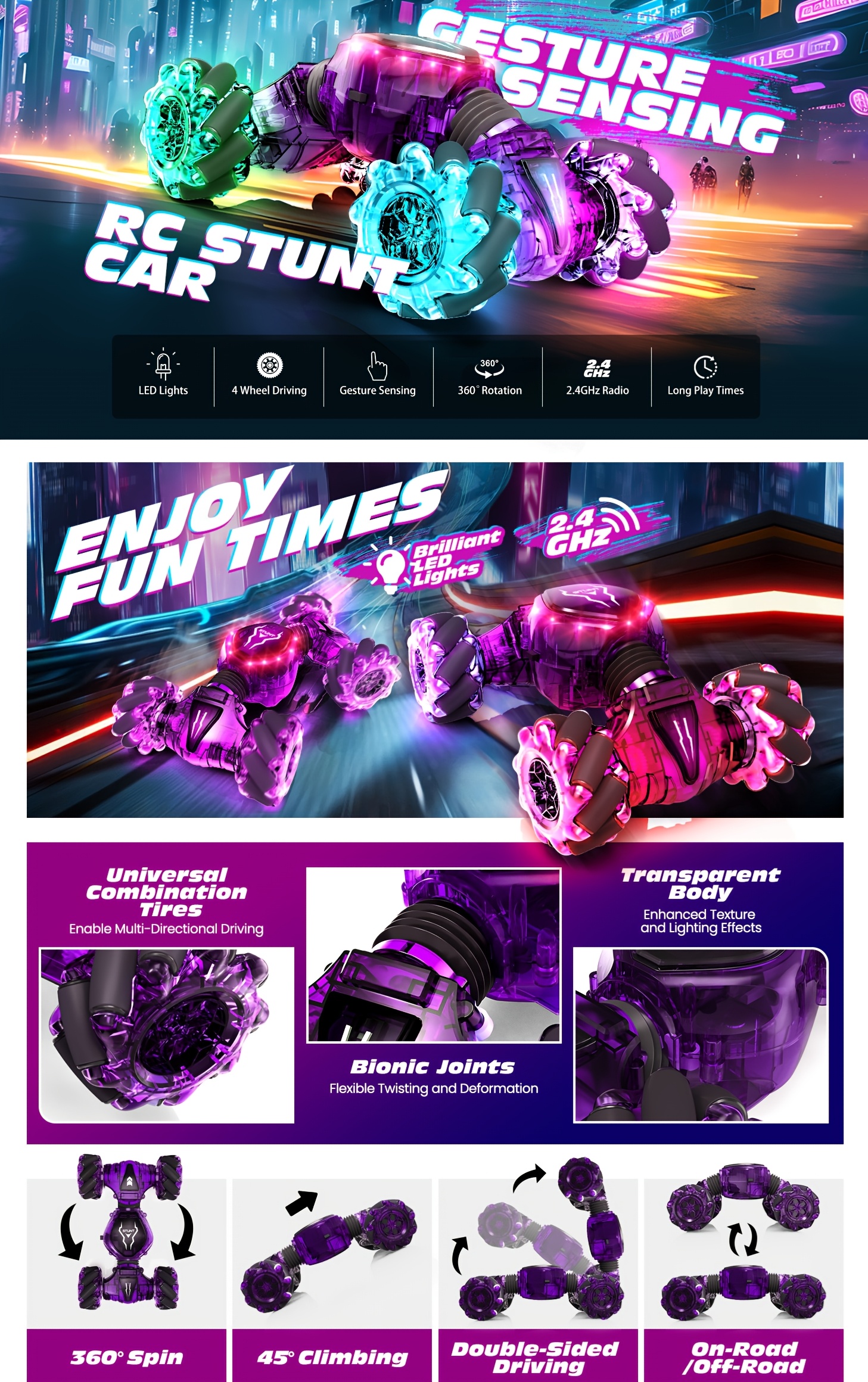 500mAh 3 Rechargeable Batteries Remote Control Cars for Boys & Girls, Transparent Gesture Sensing RC Stunt Car, 2.4GHz Remote Control 4WD Off-Road Climbing Vehicle, 360°Rotation RC Cars Toys Gift