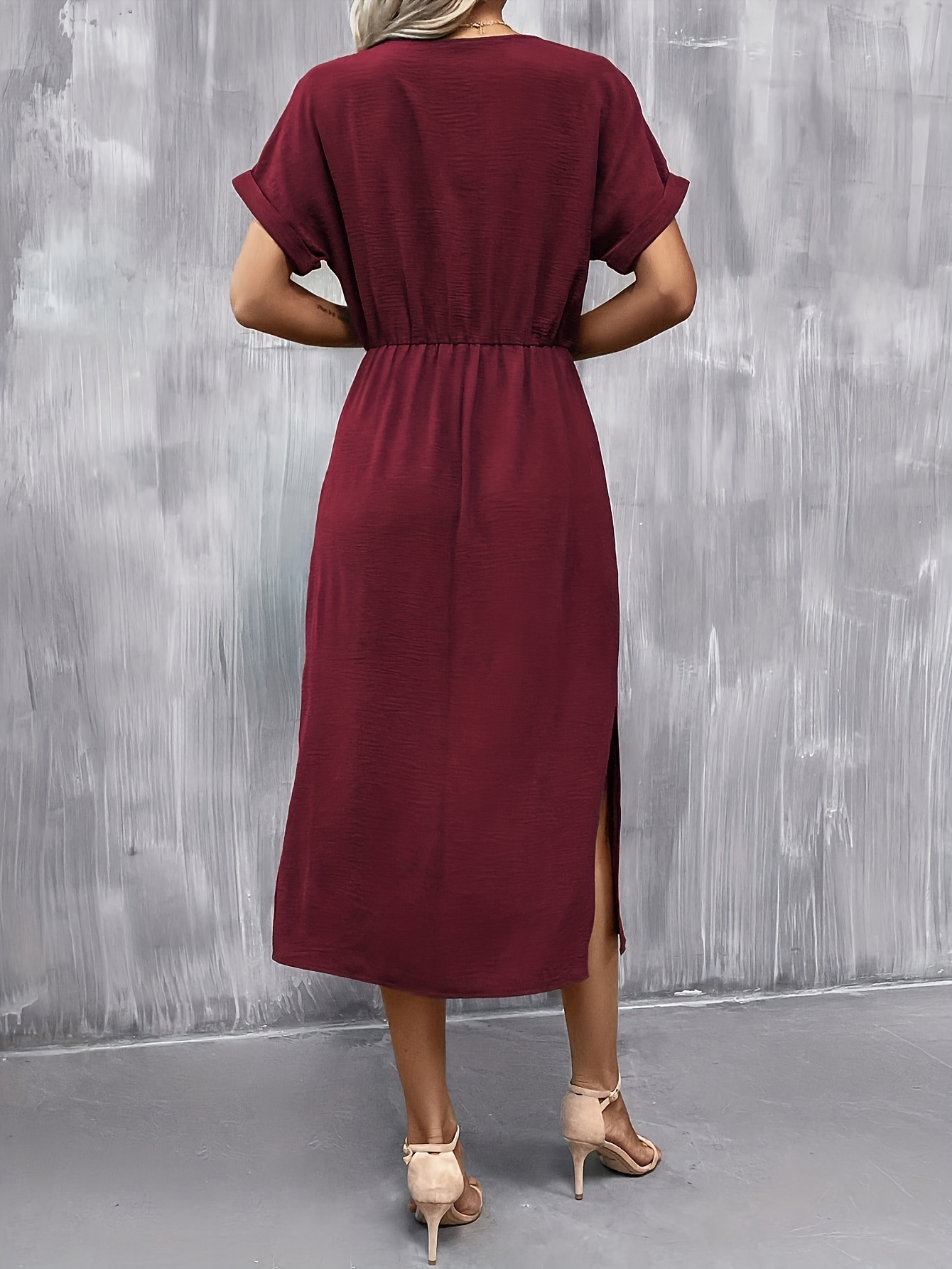 elegant maroon midi dress women chic solid color short - Temu United Kingdom