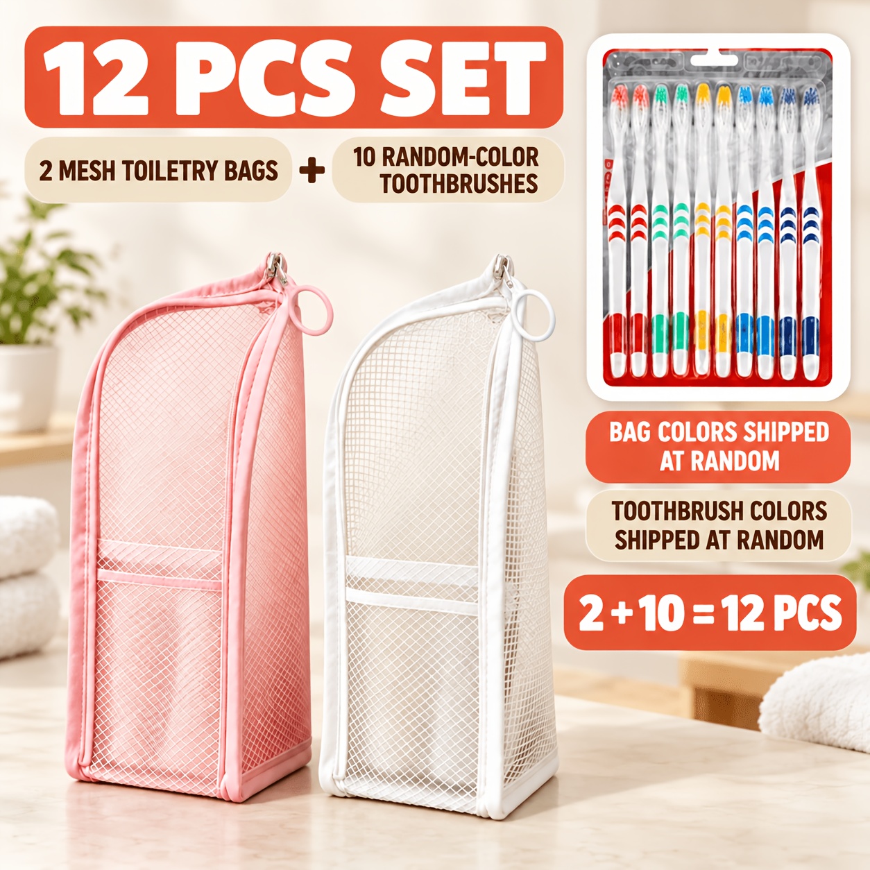 TEMU Lot de 12 Trousse de Toilette Portable en Couleurs Aléatoires et Ensemble de Brosses à Dents Petite Pochette de Voyage Multifonctionnelle
