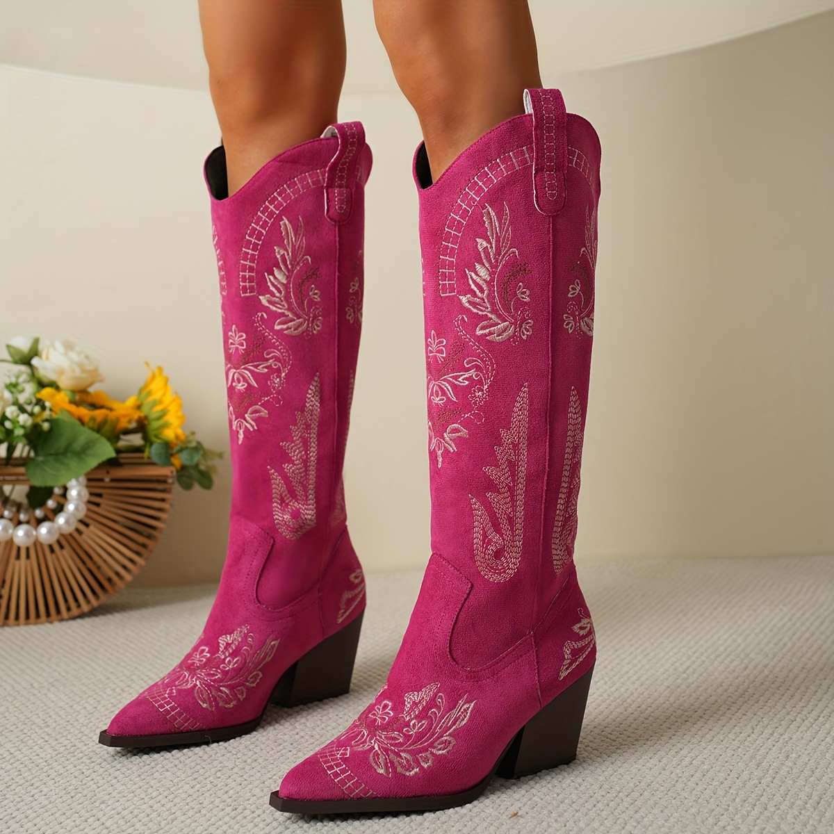 womens retro western slip platform boots pink floral print Temu