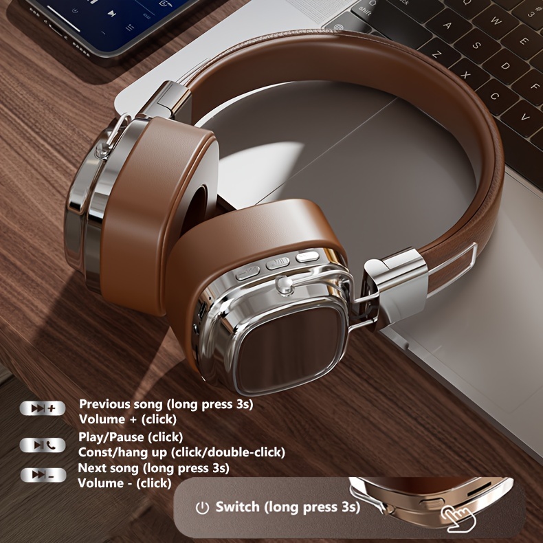 wireless headphones with retro style v5 3 heavy bass headphones with noise reduction earmuffs long lasting battery life supports wired connection new design with high craftsmanship wireless headphones details 3