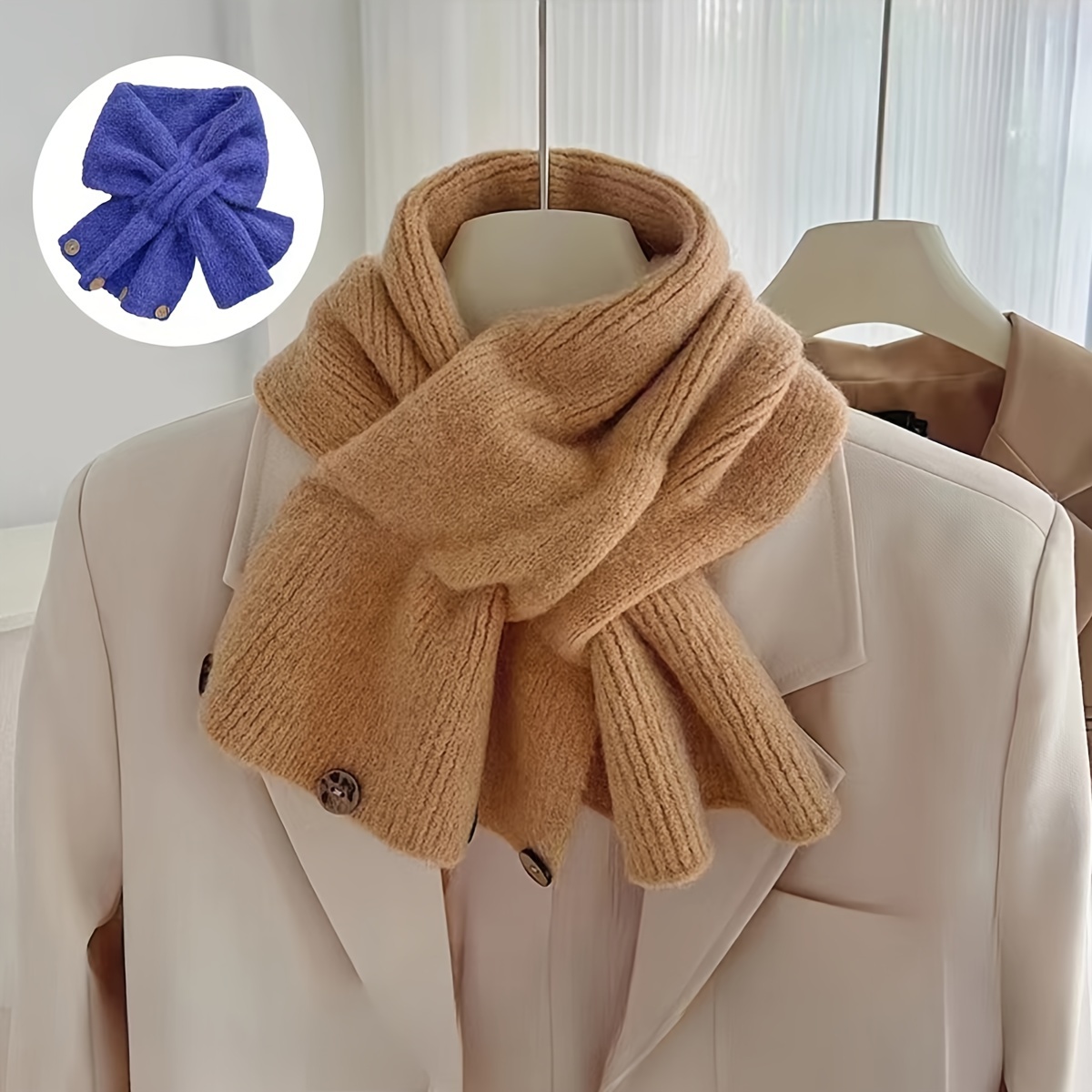 

1pc Elegant Knit Scarf With Decorative Buttons - Soft, Warm, Non-stretch Polyester Neck Warmer For Autumn & Winter - Chic Design, Hand Or Only, Casual Scarf|chic Knit Scarf|cozy Knit Texture