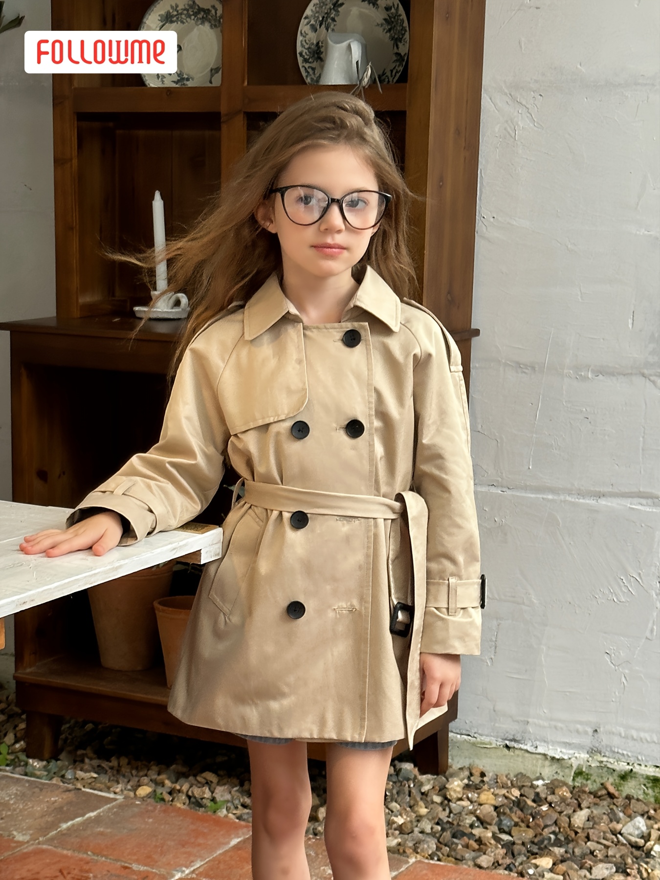 Girls' Classic British Trench Coat Double-Breasted Long Raincoat with  Belt, Beige, Non-Stretch Fabric, Lapel Collar, Regular Fit for Spring