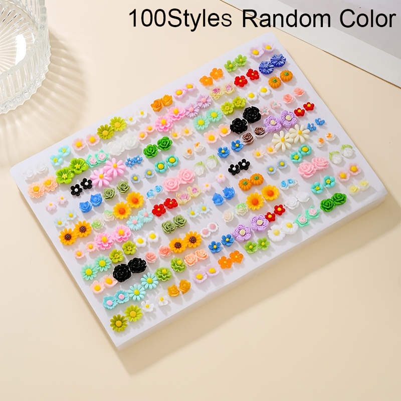 TEMU 36/100 Pairs Random Color Resin 3d Flower Multi-style Macaron Color Elegant Stud Earrings, Romantic Wedding Party Decor Accessories, Plastic Ear