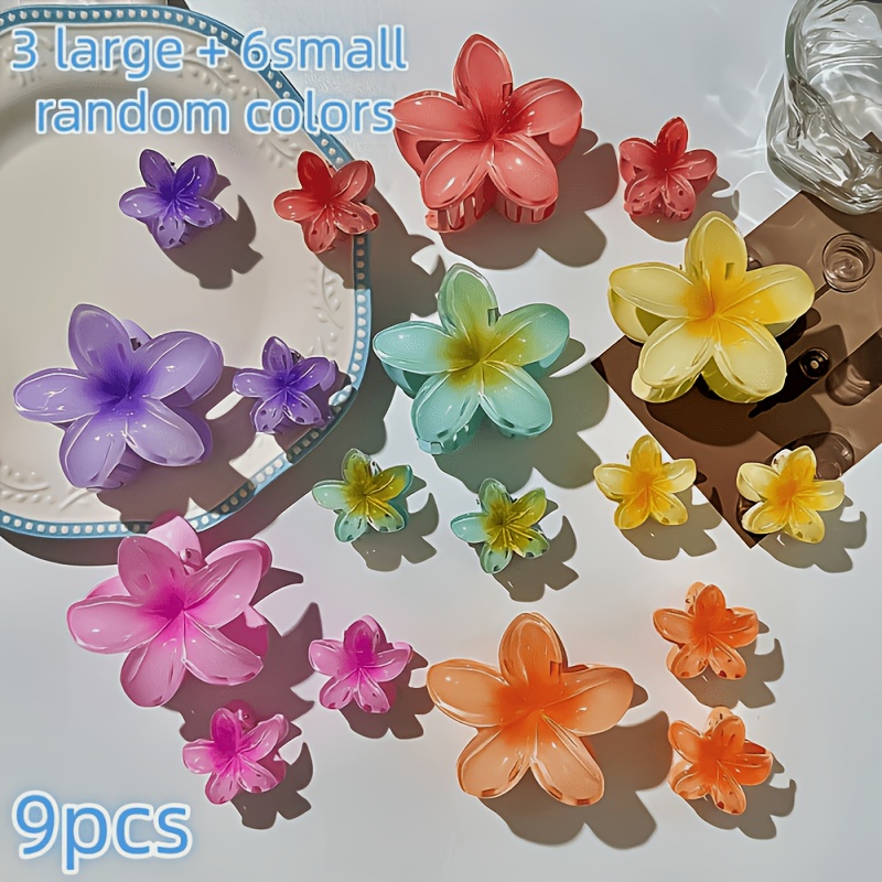 TEMU 9pcs 3 Large And 6 Beach Vacation Hair Clips, Gradient Plumeria Non-slip Hair Clips, Suitable For Party Outfits, Fashion Additions, Daily ,