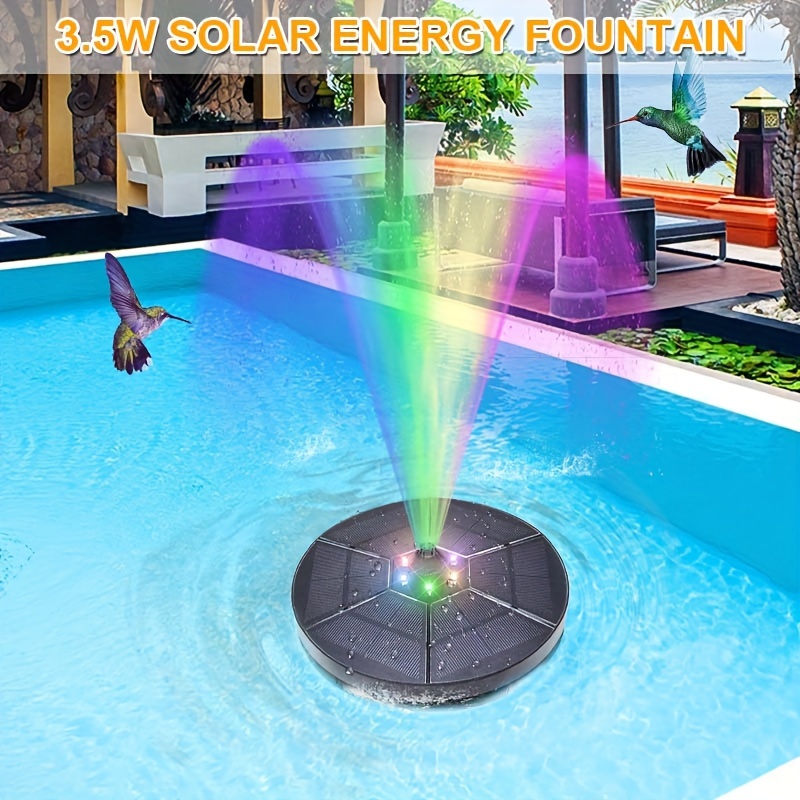 

1pc 3.5w Solar Powered Fountain Pump With Colorful Led Lights, Plastic Floating Water Feature With 7 Nozzle Attachments For Garden Pond, Bird Bath, Fish Pond, Outdoor Aquarium Decor