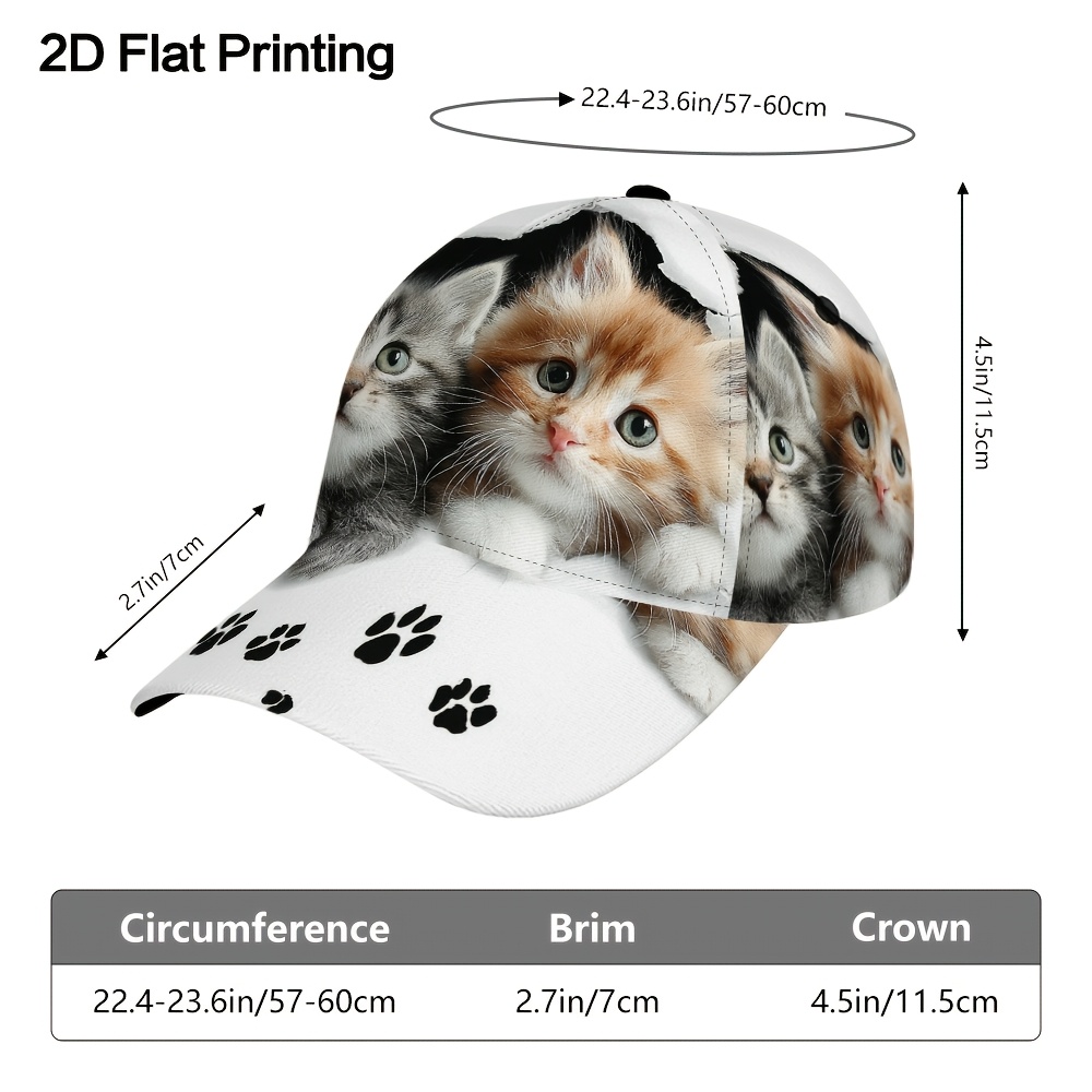 TEMU 1 Casquette de baseball 2D à impression plate avec des chatons mignons et des empreintes de pattes, idéale pour les sports de , ajustable pour