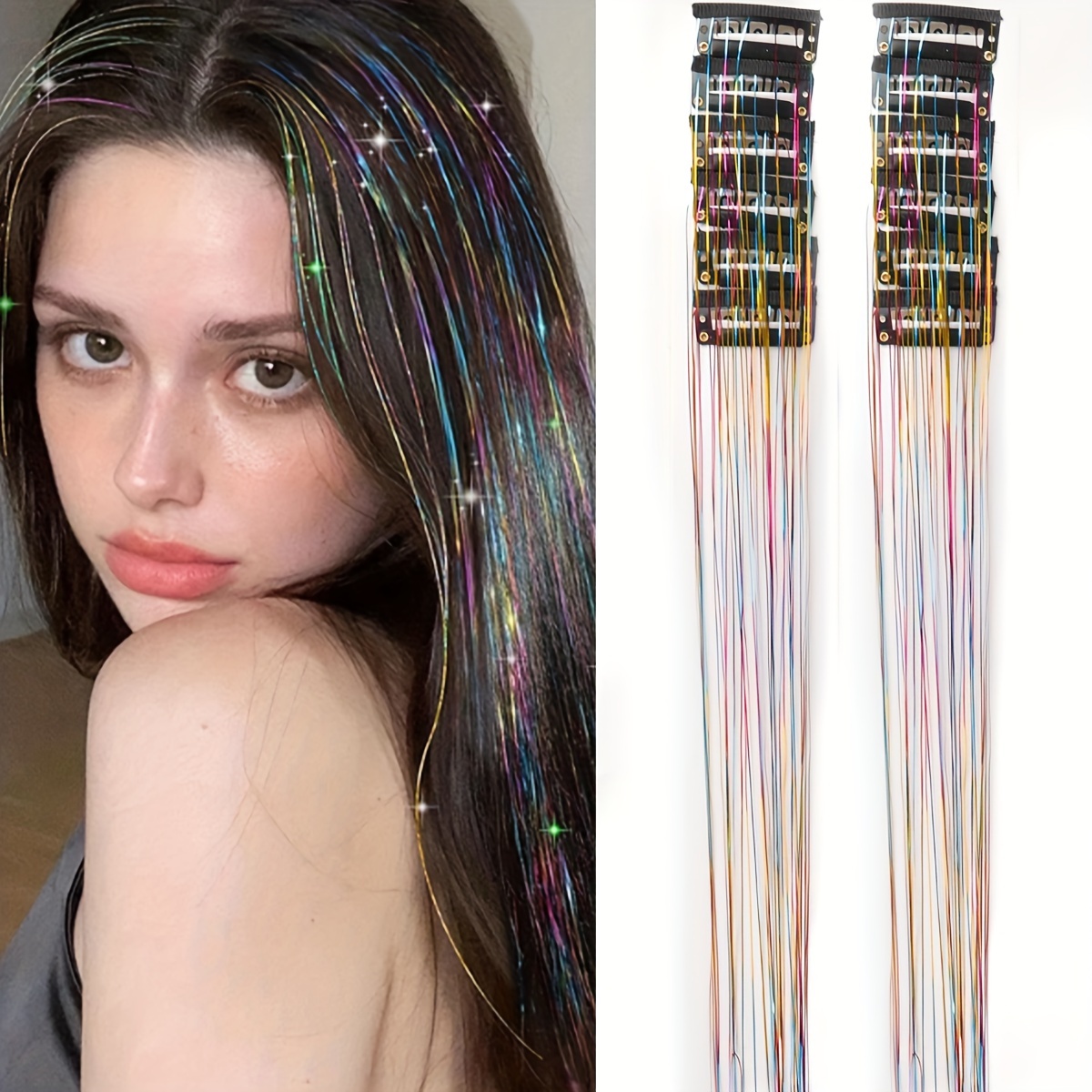 

20" Clip-in Hair Extensions For Women, 12 Pack Synthetic Straight Glitter , Christmas Gift, Strips With Upgraded Metal Clips, Comfortable & Styling Hair Types