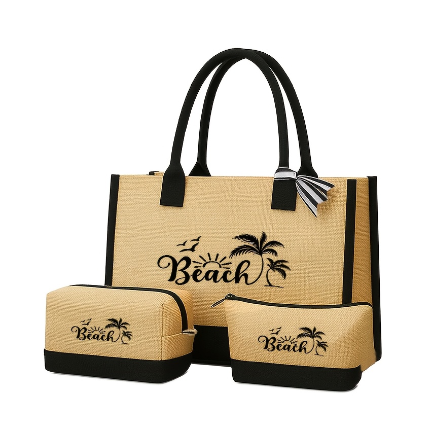 TEMU [women' Set]2pcs/3pcs Minimalist Style Women's Tote Bag Set - Includes A Makeup Bag/sun Hat, Lightweight And Durable Handbag, Stylish And